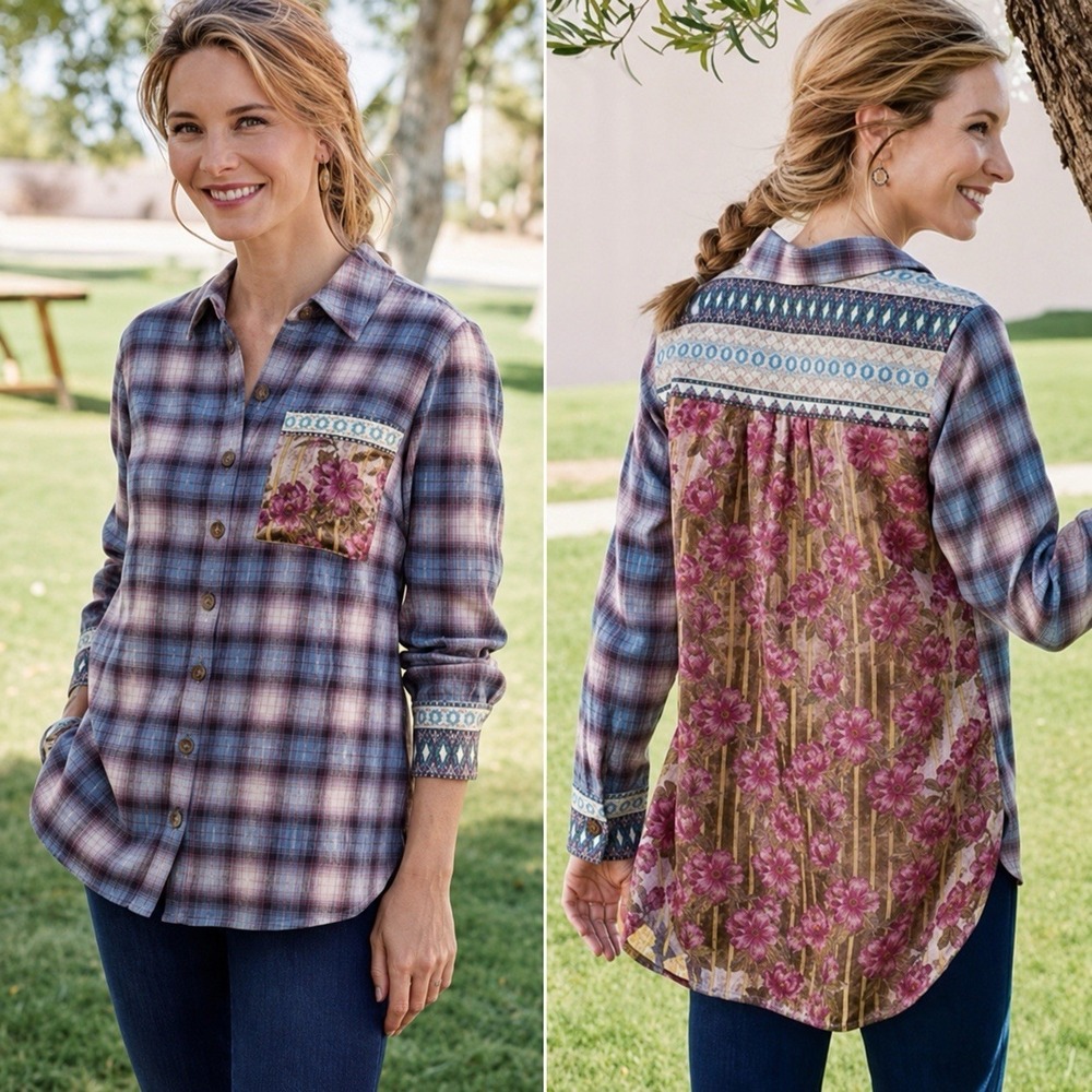 Soft Surroundings 2X Plaid Shirt Velvet Floral Back Mixed Media Boho Cottagecore